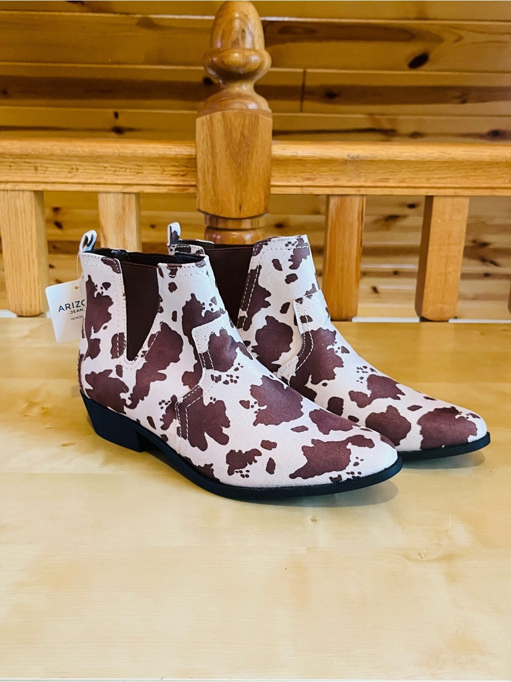 Arizona Jean Co. Women's Cow Print Brown/Cream Cowboy Booties Size 9M NWT